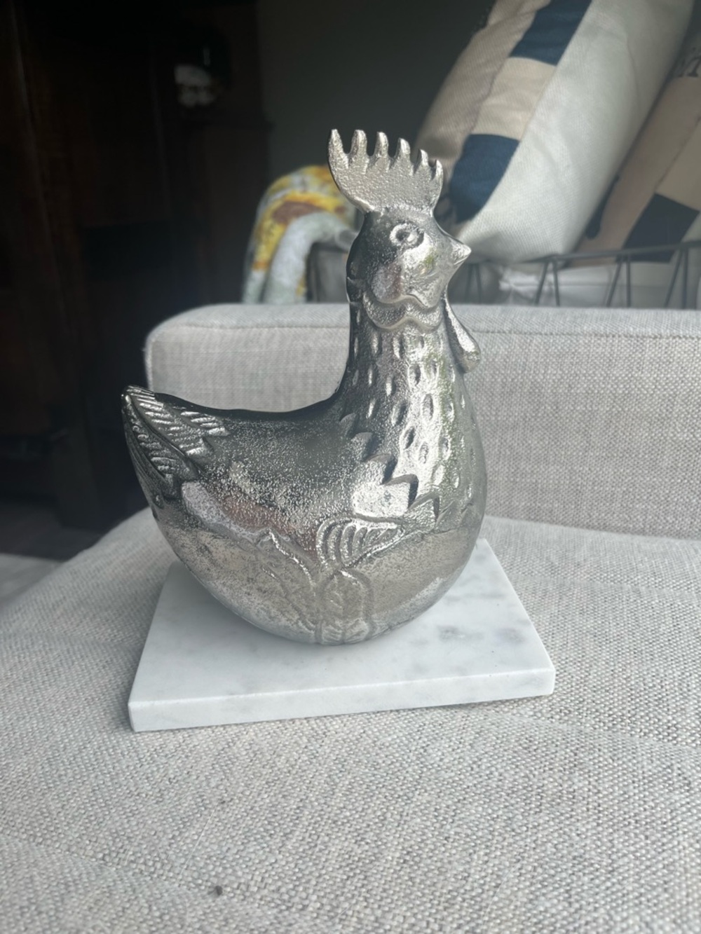 Decorative Metallic Rooster Sculpture - Silver